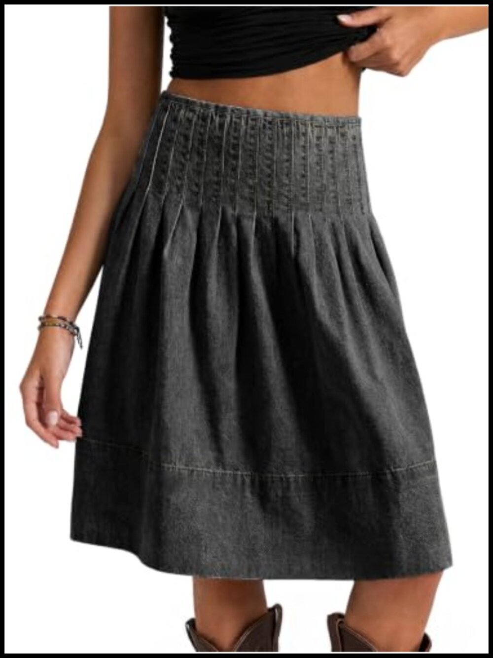 High Waisted Pleated Denim Midi Skirt A-Line Knee Length